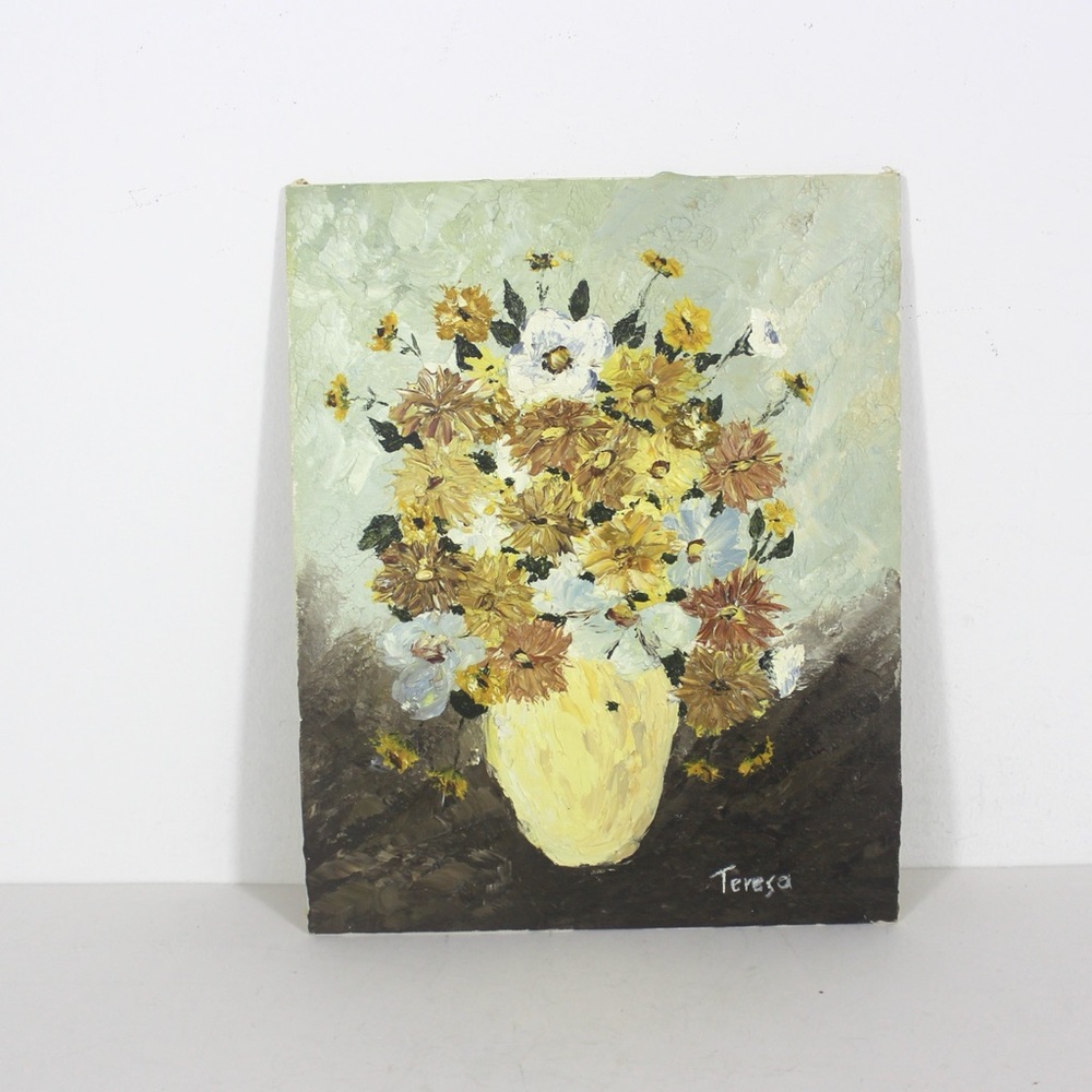Vintage Original Still Life Oil Painting, Abstract Floral, Yellow, Brown Texture